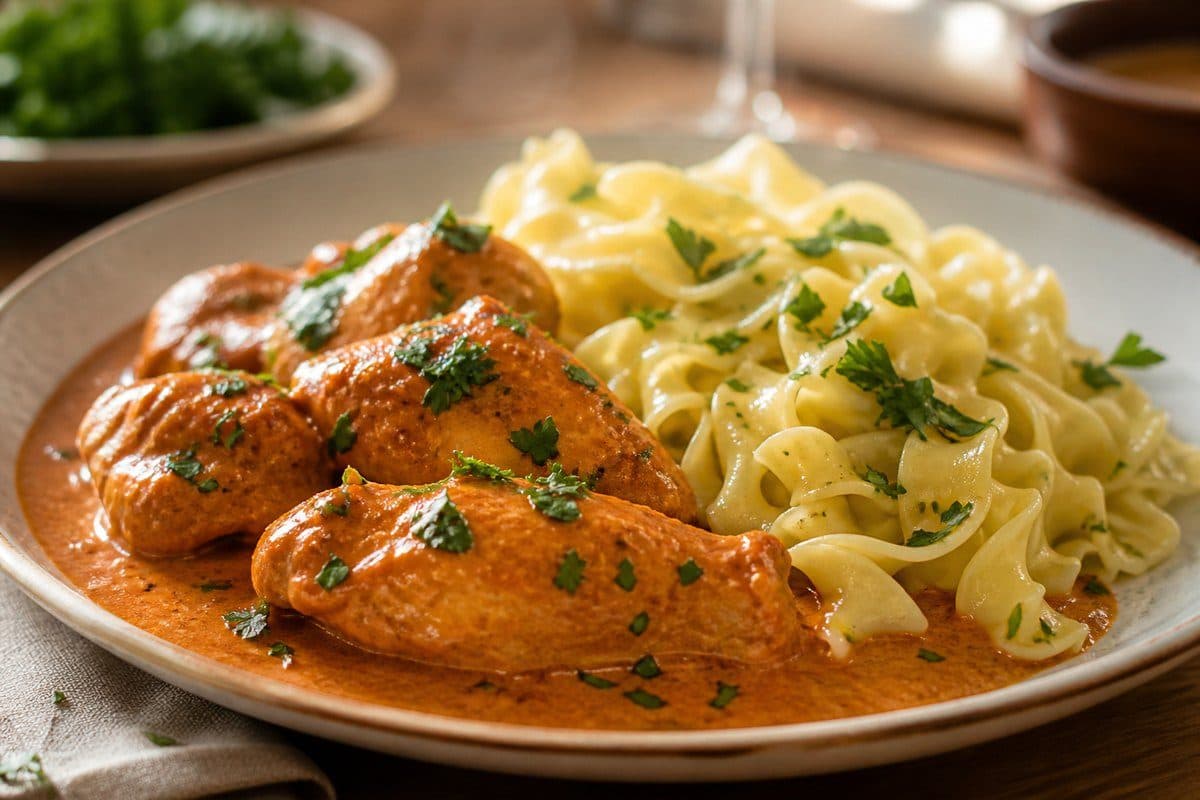 Chicken Paprikash with Peppers and Quick Yogurt Sauce